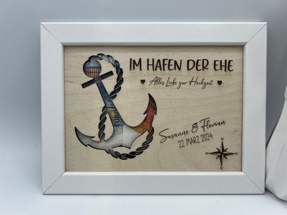 Hochzeitsgeschenk im Bilderrahmen, Geldgeschenk Anker personalisiert, Geschenk Maritim zur Hochzeit, für das Brautpaar, für Gutschein Geld