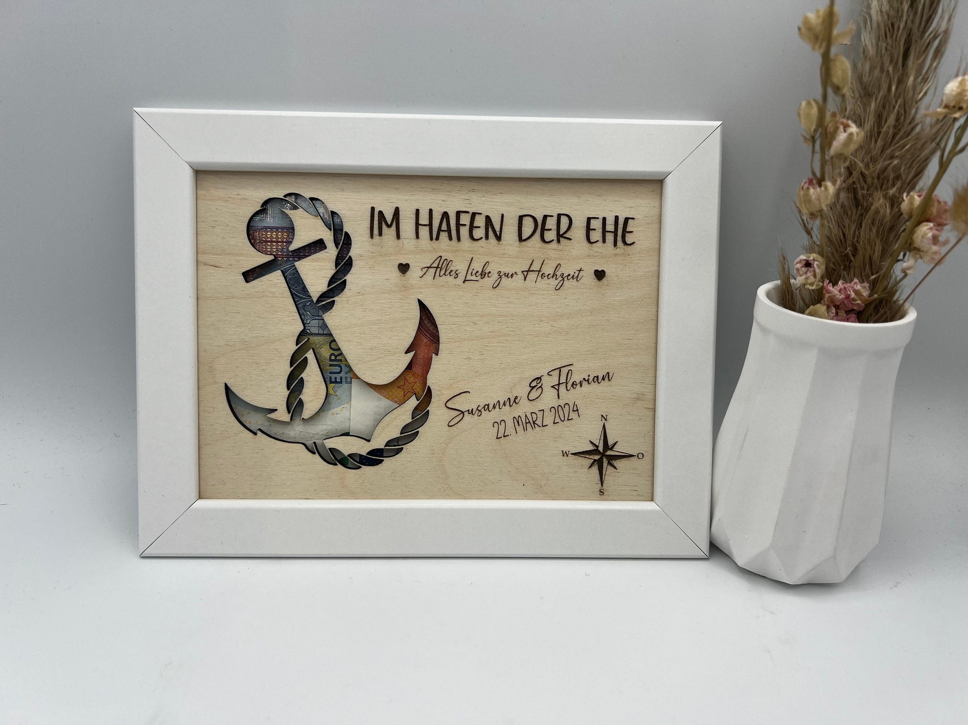 Hochzeitsgeschenk im Bilderrahmen, Geldgeschenk Anker personalisiert, Geschenk Maritim zur Hochzeit, für das Brautpaar, für Gutschein Geld