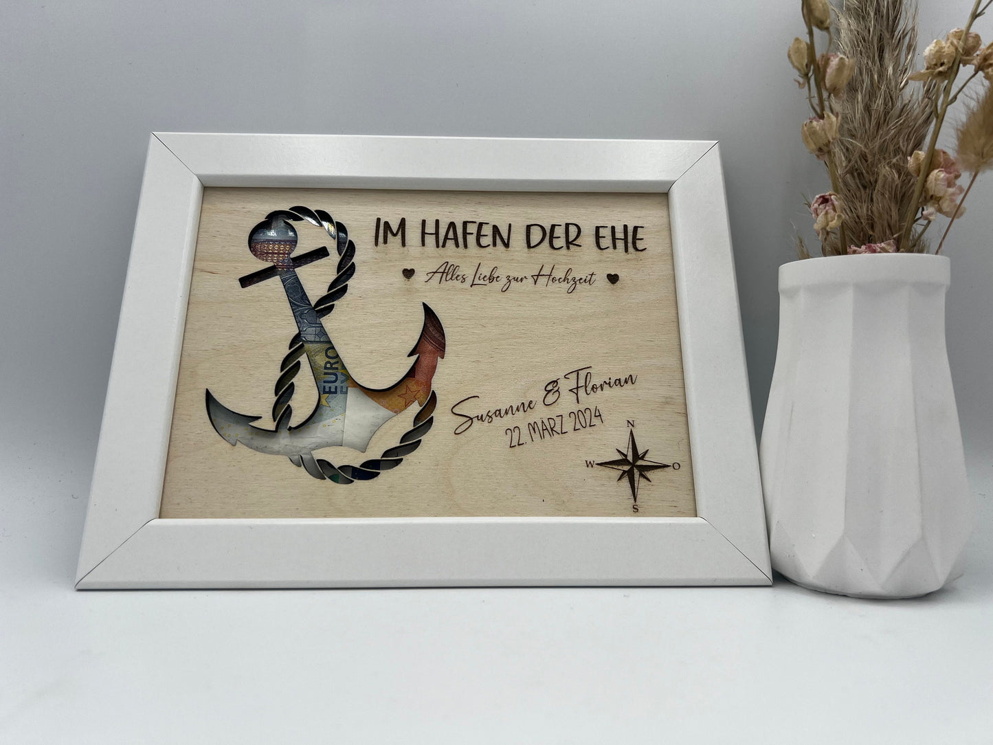Hochzeitsgeschenk im Bilderrahmen, Geldgeschenk Anker personalisiert, Geschenk Maritim zur Hochzeit, für das Brautpaar, für Gutschein Geld