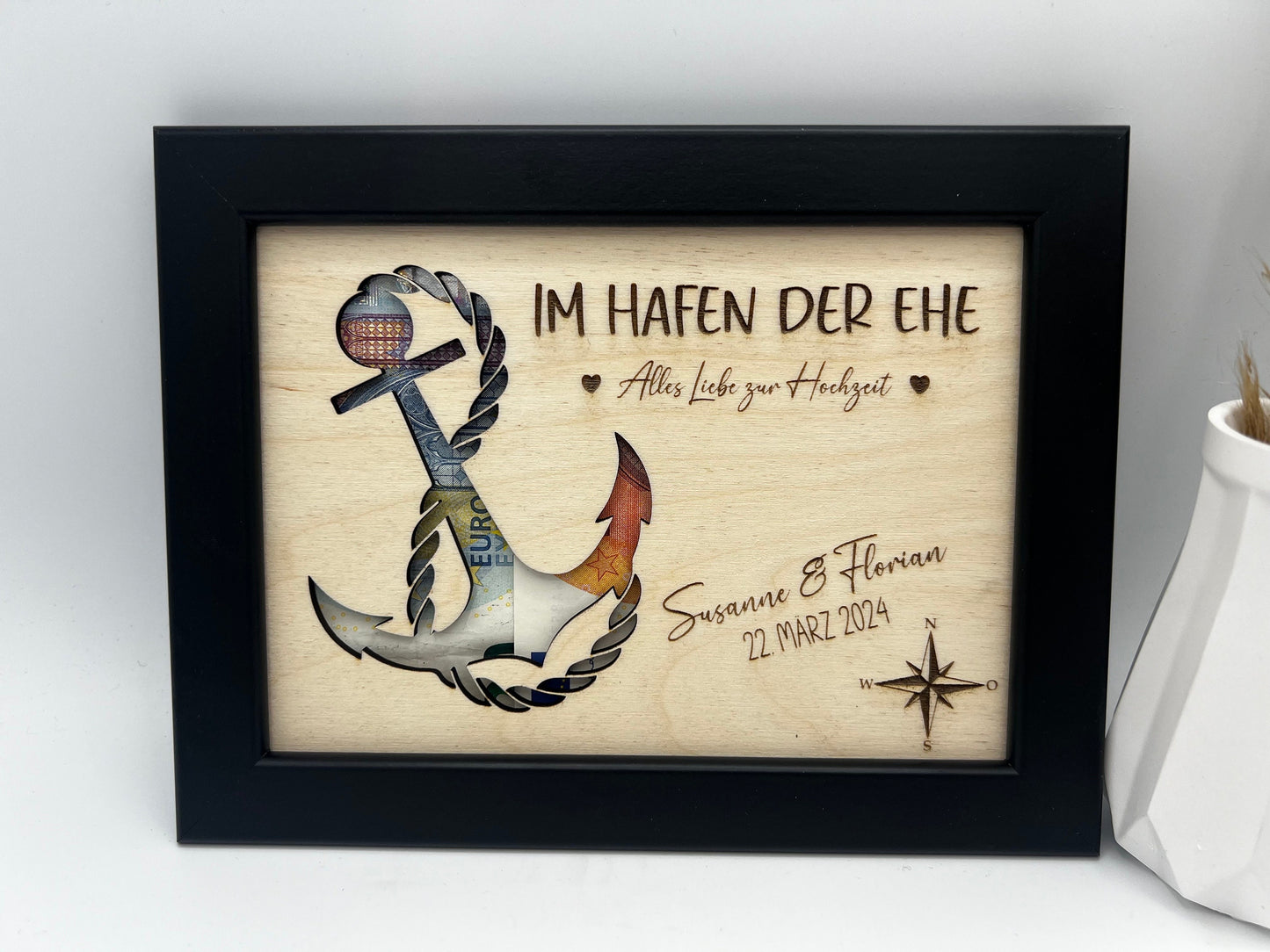 Hochzeitsgeschenk im Bilderrahmen, Geldgeschenk Anker personalisiert, Geschenk Maritim zur Hochzeit, für das Brautpaar, für Gutschein Geld