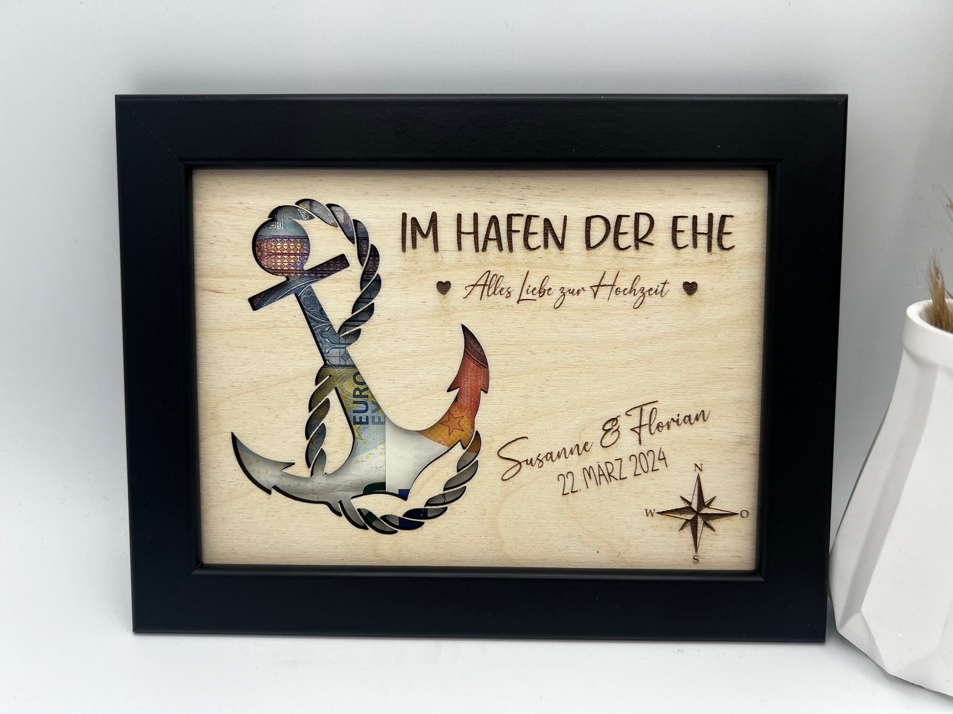 Hochzeitsgeschenk im Bilderrahmen, Geldgeschenk Anker personalisiert, Geschenk Maritim zur Hochzeit, für das Brautpaar, für Gutschein Geld
