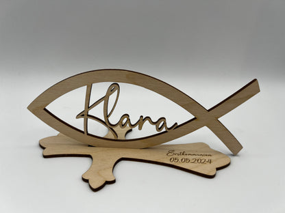 Tischdekoration zur Konfirmation aus Holz, Taufdeko , Fisch mit Wunschname inkl. Gravur aus Holz, Kommunion, Taufe, Jugendweihe,