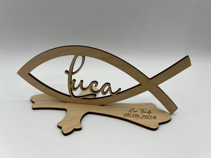 Tischdekoration zur Konfirmation aus Holz, Taufdeko , Fisch mit Wunschname inkl. Gravur aus Holz, Kommunion, Taufe, Jugendweihe,