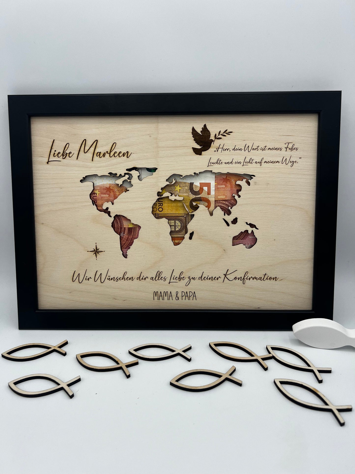 Geldgeschenk zur Konfirmation im Bilderrahmen, Kommunion, Taufe Firmung, Personalisiertes Geschenk, Weltkarte