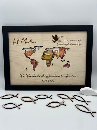 Geldgeschenk zur Konfirmation im Bilderrahmen, Kommunion, Taufe Firmung, Personalisiertes Geschenk, Weltkarte