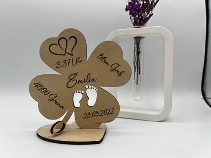 Geldgeschenk Geburt, Schwangerschaft, Kleeblatt aus Holz, mit Gebutsdaten, Geschenke zu Nachwuchs, zur Babyparty oder Taufe
