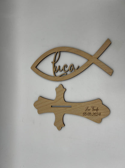 Tischdekoration zur Konfirmation aus Holz, Taufdeko , Fisch mit Wunschname inkl. Gravur aus Holz, Kommunion, Taufe, Jugendweihe,