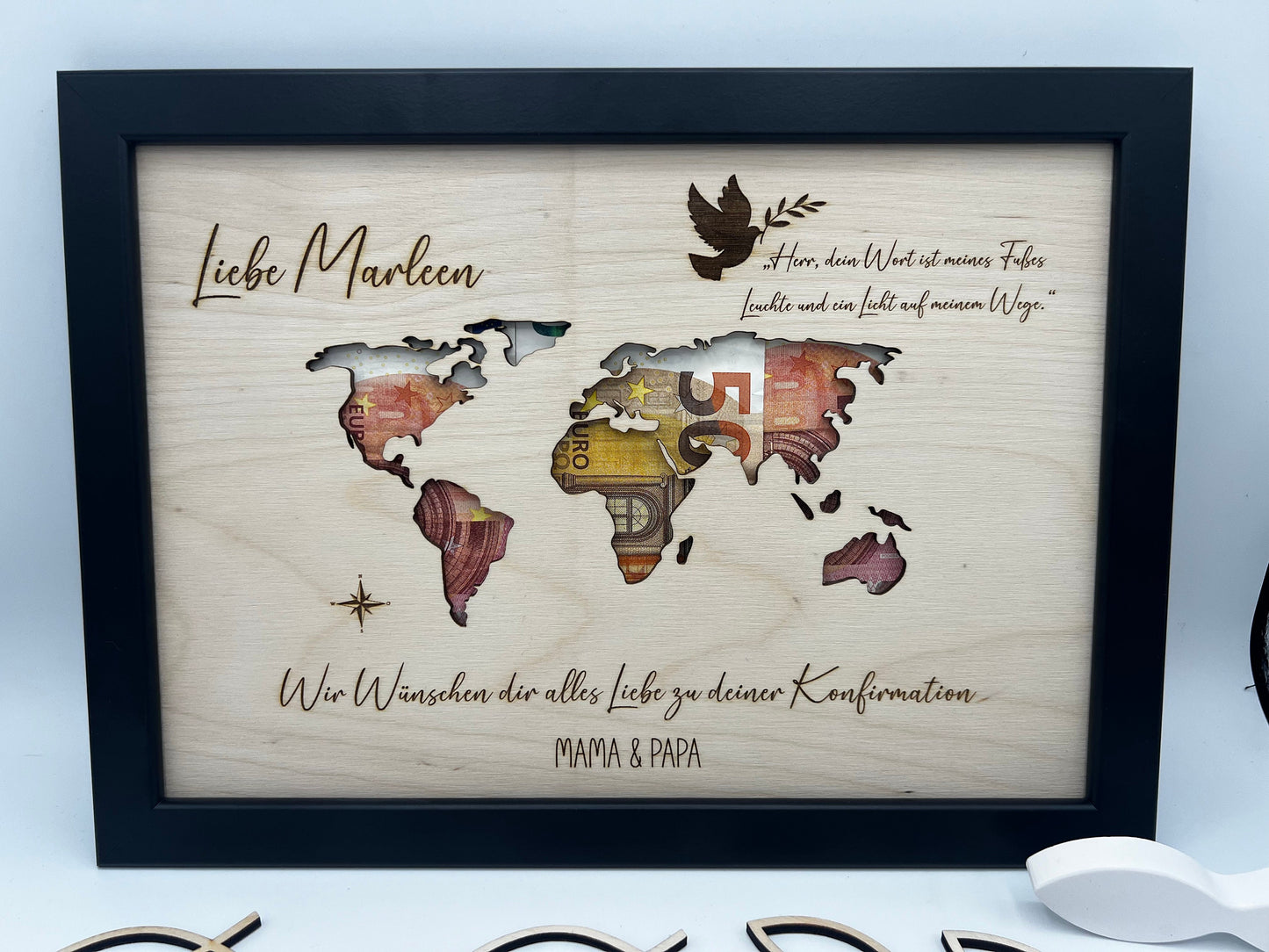 Geldgeschenk zur Konfirmation im Bilderrahmen, Kommunion, Taufe Firmung, Personalisiertes Geschenk, Weltkarte