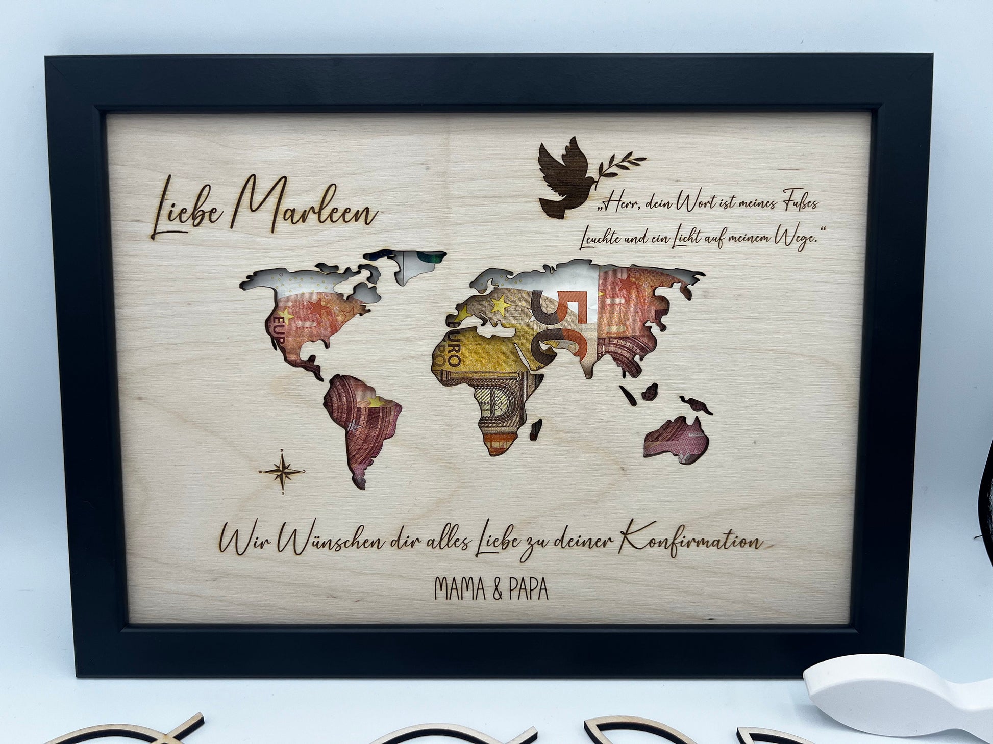 Geldgeschenk zur Konfirmation im Bilderrahmen, Kommunion, Taufe Firmung, Personalisiertes Geschenk, Weltkarte