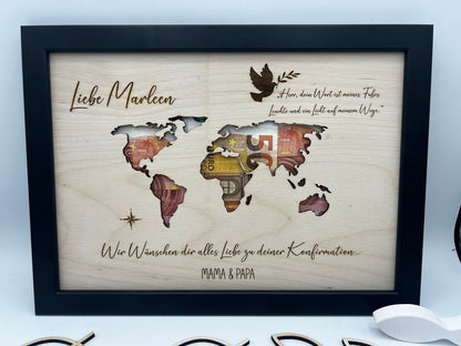 Geldgeschenk zur Konfirmation im Bilderrahmen, Kommunion, Taufe Firmung, Personalisiertes Geschenk, Weltkarte