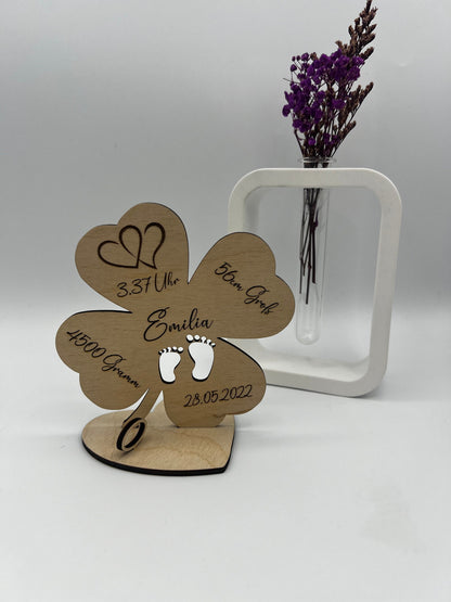 Geldgeschenk Geburt, Schwangerschaft, Kleeblatt aus Holz, mit Gebutsdaten, Geschenke zu Nachwuchs, zur Babyparty oder Taufe