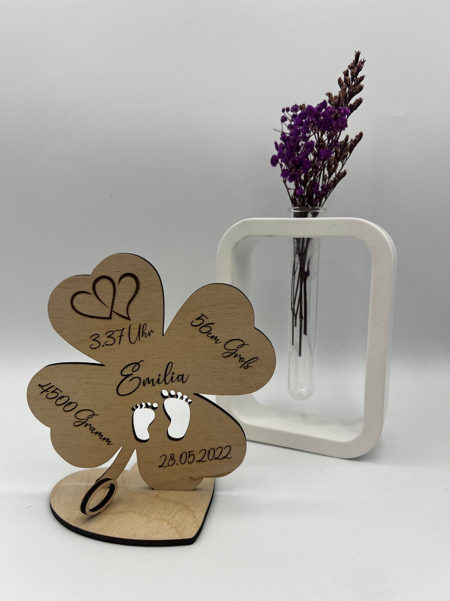Geldgeschenk Geburt, Schwangerschaft, Kleeblatt aus Holz, mit Gebutsdaten, Geschenke zu Nachwuchs, zur Babyparty oder Taufe