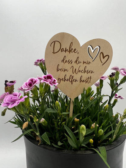 Blumenstecker aus Holz, Geschenk Personalisiert Abschied Kindergarten, Tagesmutter, Schulabschluss, Blumenschild mit Namen, Danke sagen