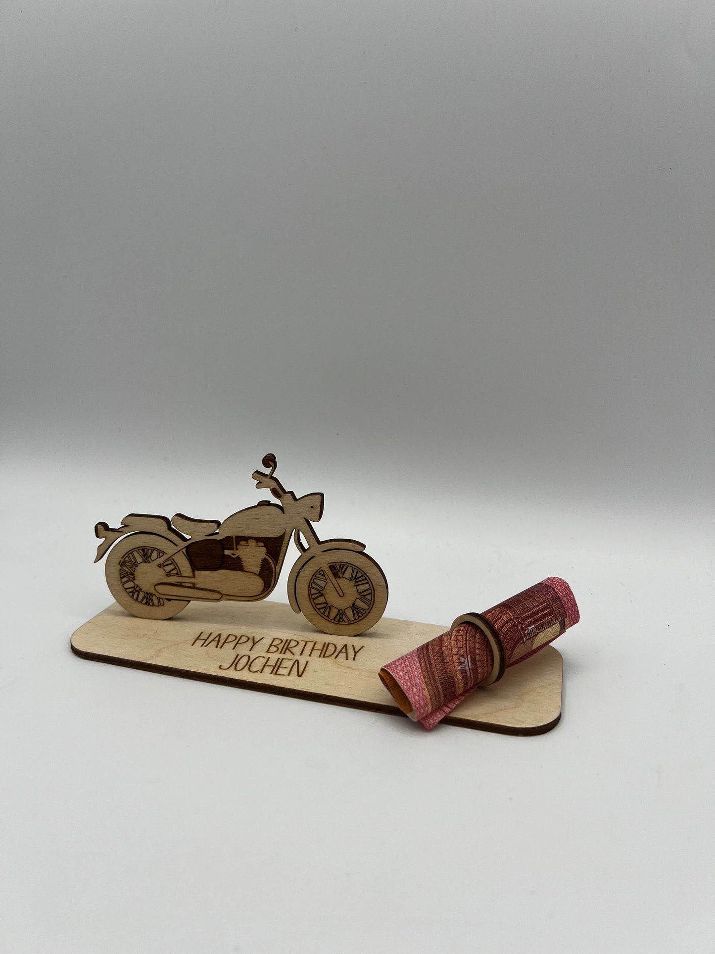 Geldgeschenk Motorrad zum Geburtstag, Rente, Ruhestand, Motorrad, Geschenk aus Holz, Holzgeschenk