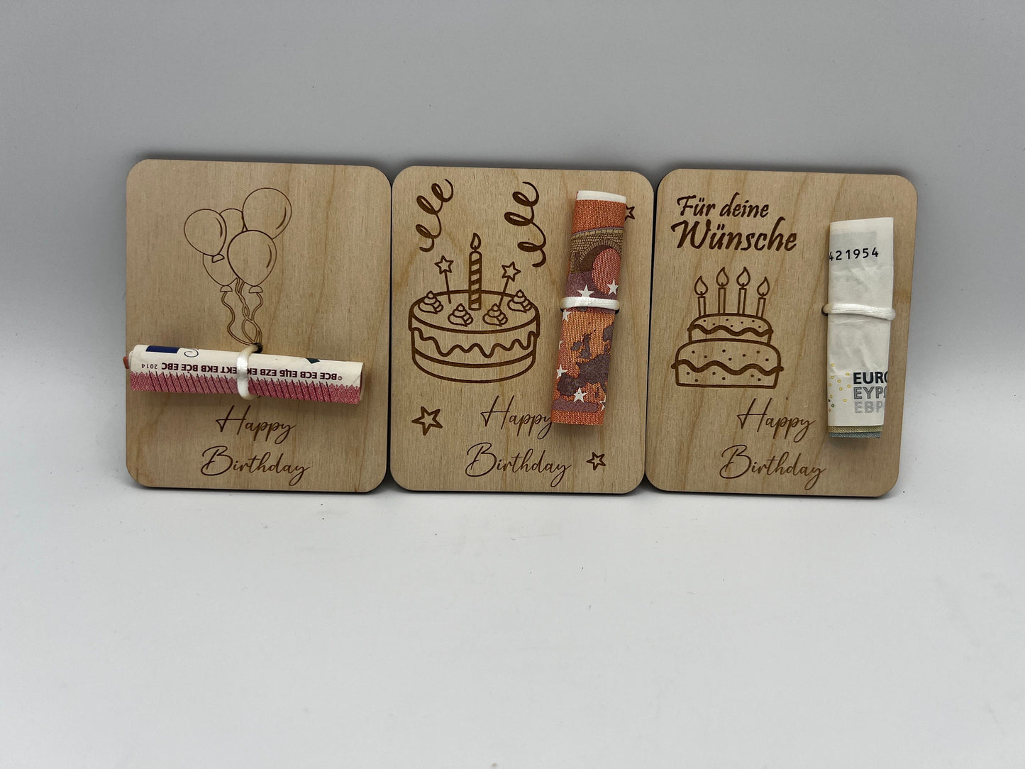 Holzkarte Geldgeschenk zum Geburtstag/ Geschenkidee/ geschenverpackung/ Geld verschenke Holz/ Geburtstagsgeschenk/ Torte / Luftballons
