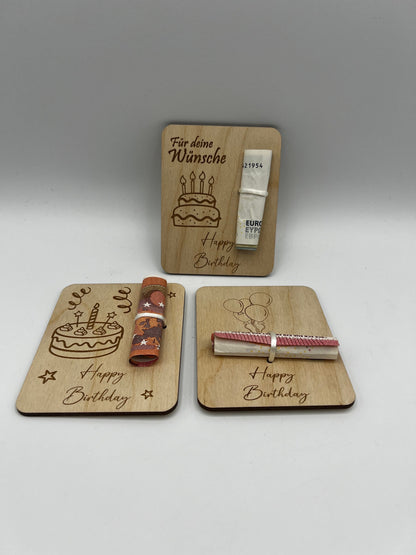 Holzkarte Geldgeschenk zum Geburtstag/ Geschenkidee/ geschenverpackung/ Geld verschenke Holz/ Geburtstagsgeschenk/ Torte / Luftballons
