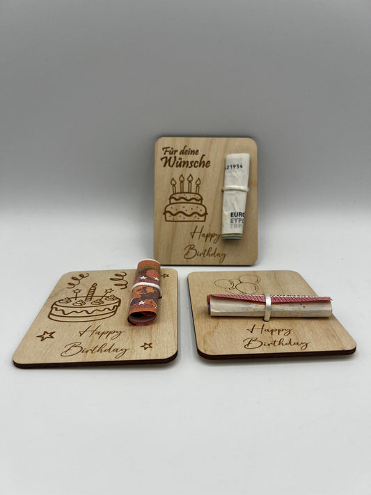Holzkarte Geldgeschenk zum Geburtstag/ Geschenkidee/ geschenverpackung/ Geld verschenke Holz/ Geburtstagsgeschenk/ Torte / Luftballons