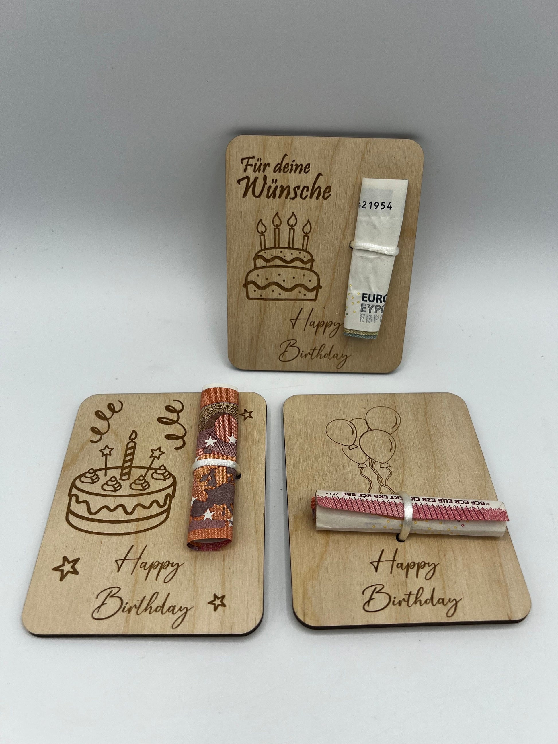 Holzkarte Geldgeschenk zum Geburtstag/ Geschenkidee/ geschenverpackung/ Geld verschenke Holz/ Geburtstagsgeschenk/ Torte / Luftballons