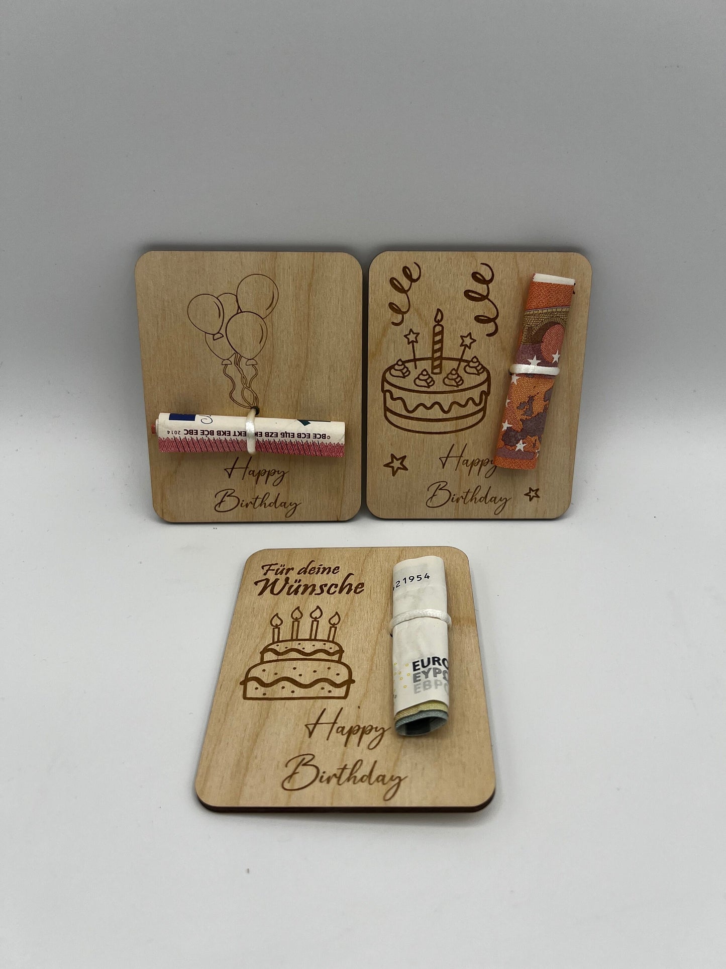 Holzkarte Geldgeschenk zum Geburtstag/ Geschenkidee/ geschenverpackung/ Geld verschenke Holz/ Geburtstagsgeschenk/ Torte / Luftballons