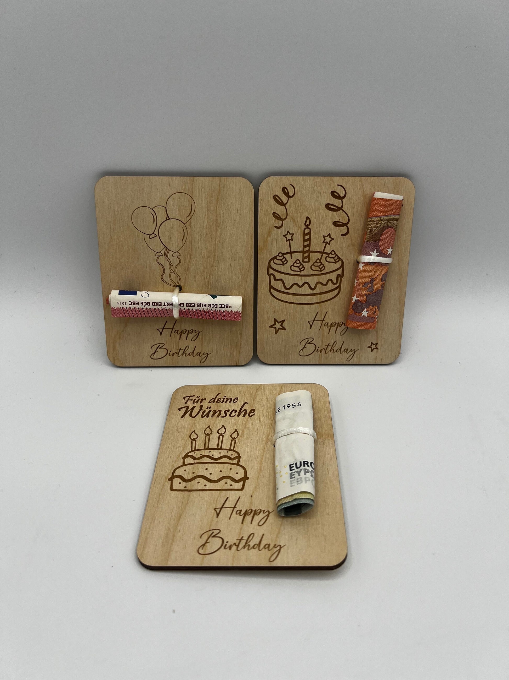 Holzkarte Geldgeschenk zum Geburtstag/ Geschenkidee/ geschenverpackung/ Geld verschenke Holz/ Geburtstagsgeschenk/ Torte / Luftballons