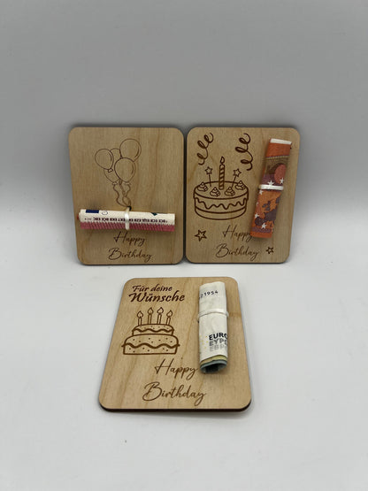 Holzkarte Geldgeschenk zum Geburtstag/ Geschenkidee/ geschenverpackung/ Geld verschenke Holz/ Geburtstagsgeschenk/ Torte / Luftballons