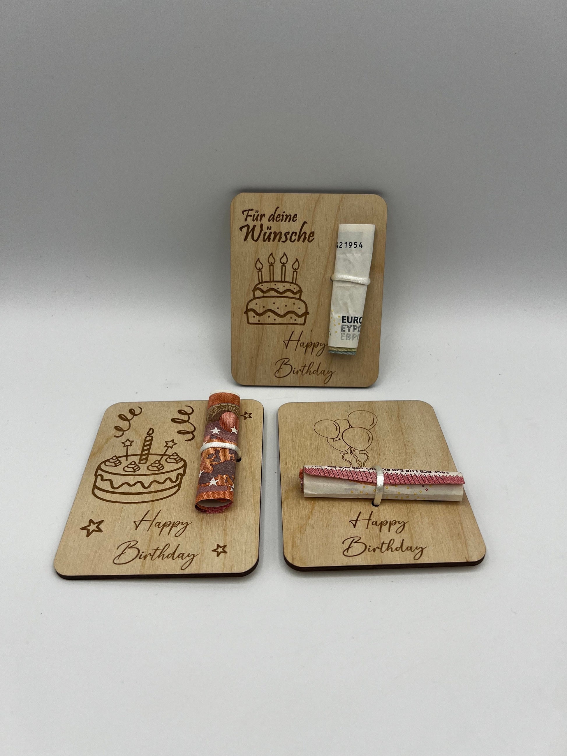 Holzkarte Geldgeschenk zum Geburtstag/ Geschenkidee/ geschenverpackung/ Geld verschenke Holz/ Geburtstagsgeschenk/ Torte / Luftballons