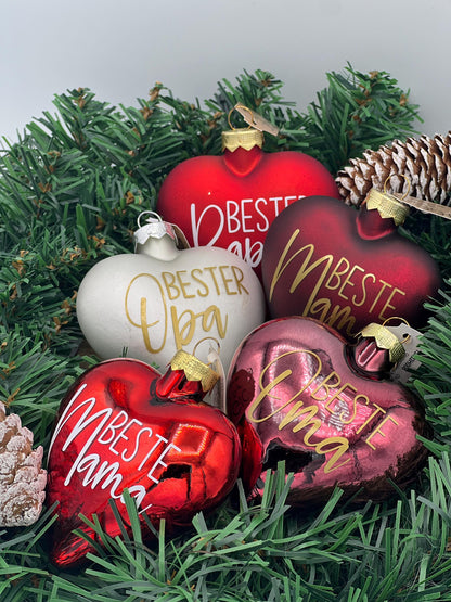 Weihnachtskugel in Herzform aus Glas, 8cm, Personalisierter Weihnachtsschmuck, Tischdekoration, Christbaumschmuck oder Gastgeschenk