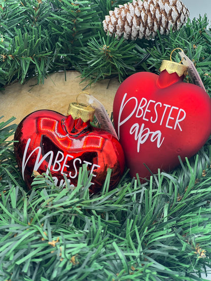 Weihnachtskugel in Herzform aus Glas, 8cm, Personalisierter Weihnachtsschmuck, Tischdekoration, Christbaumschmuck oder Gastgeschenk