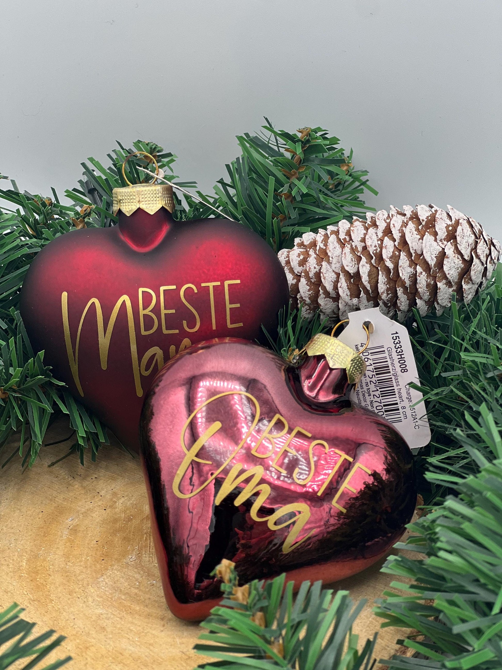 Weihnachtskugel in Herzform aus Glas, 8cm, Personalisierter Weihnachtsschmuck, Tischdekoration, Christbaumschmuck oder Gastgeschenk