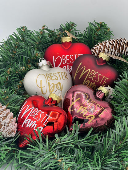 Weihnachtskugel in Herzform aus Glas, 8cm, Personalisierter Weihnachtsschmuck, Tischdekoration, Christbaumschmuck oder Gastgeschenk