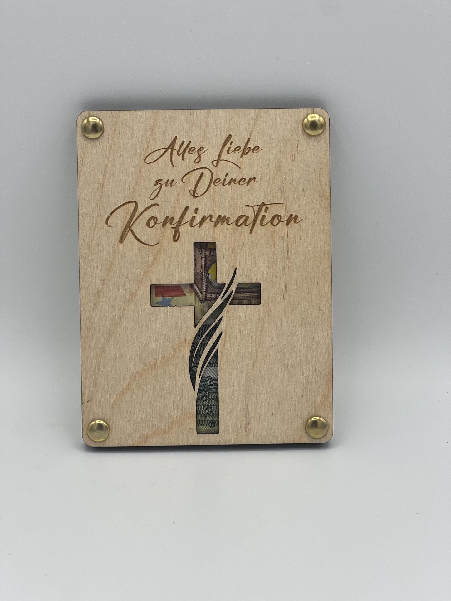 Geldgeschenk aus Holz, Geschenkkarte zur Konfirmation, zum zwischenlegen von Geld wodurch das ausgeschnittene Kreuz bunt erscheint.