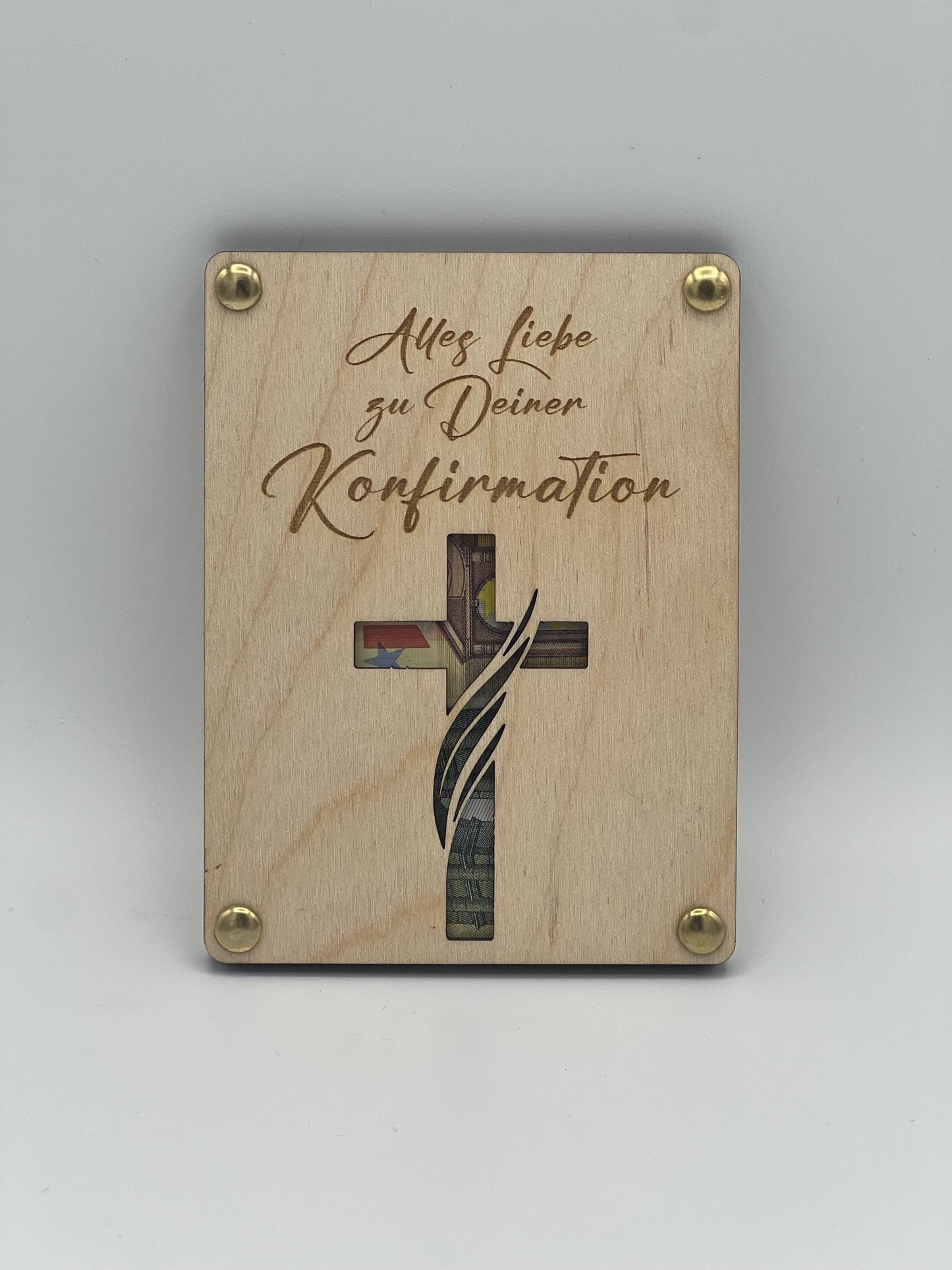 Geldgeschenk aus Holz, Geschenkkarte zur Konfirmation, zum zwischenlegen von Geld wodurch das ausgeschnittene Kreuz bunt erscheint.