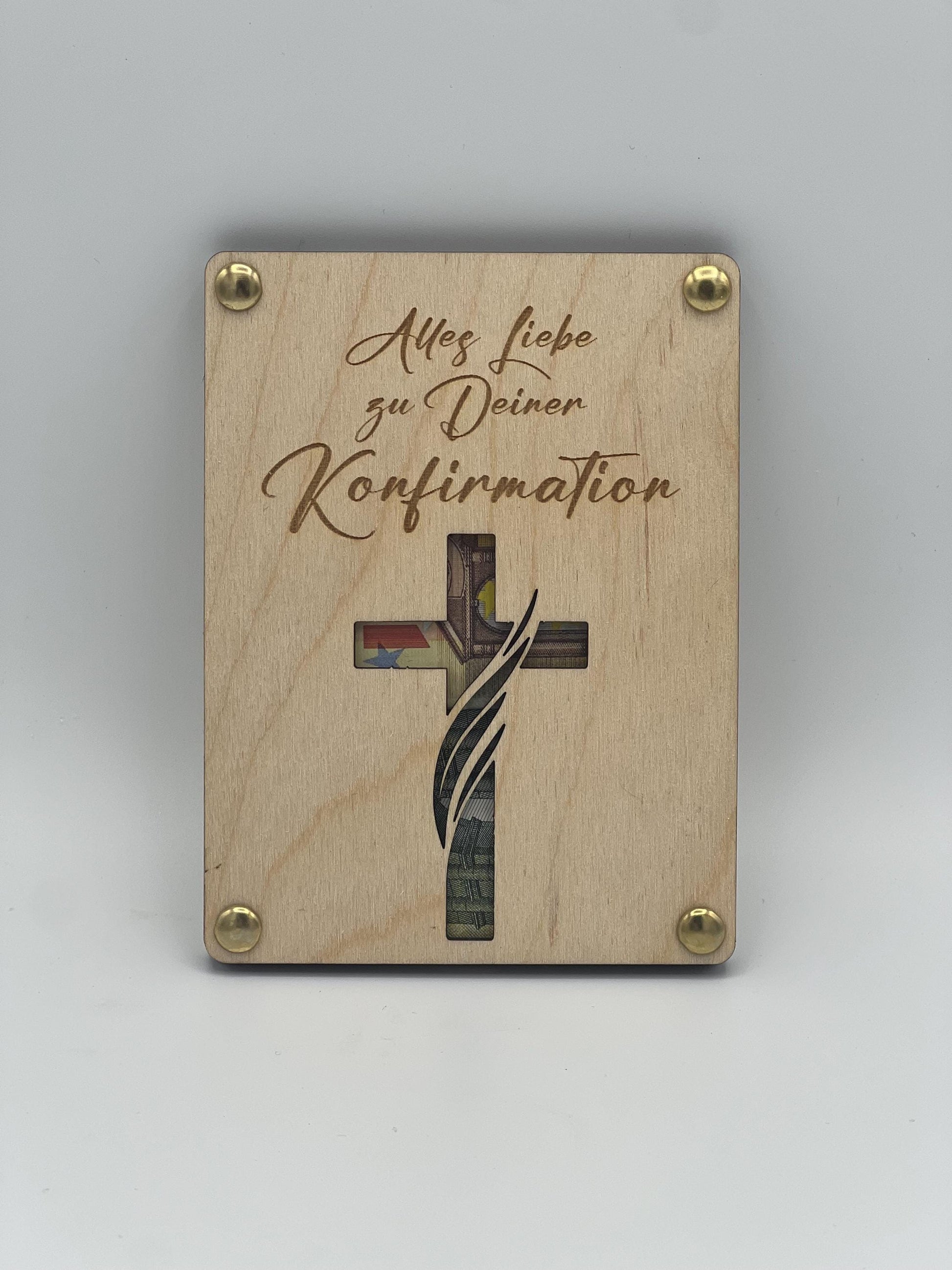 Geldgeschenk aus Holz, Geschenkkarte zur Konfirmation, zum zwischenlegen von Geld wodurch das ausgeschnittene Kreuz bunt erscheint.