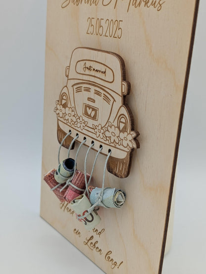 Hochzeitsgeschenk, Kreatives Geldgeschenk zur Hochzeit, Personalisiertes Holzschild mit Auto, Hochzeitsgeldgeschenk, Geld verschenken
