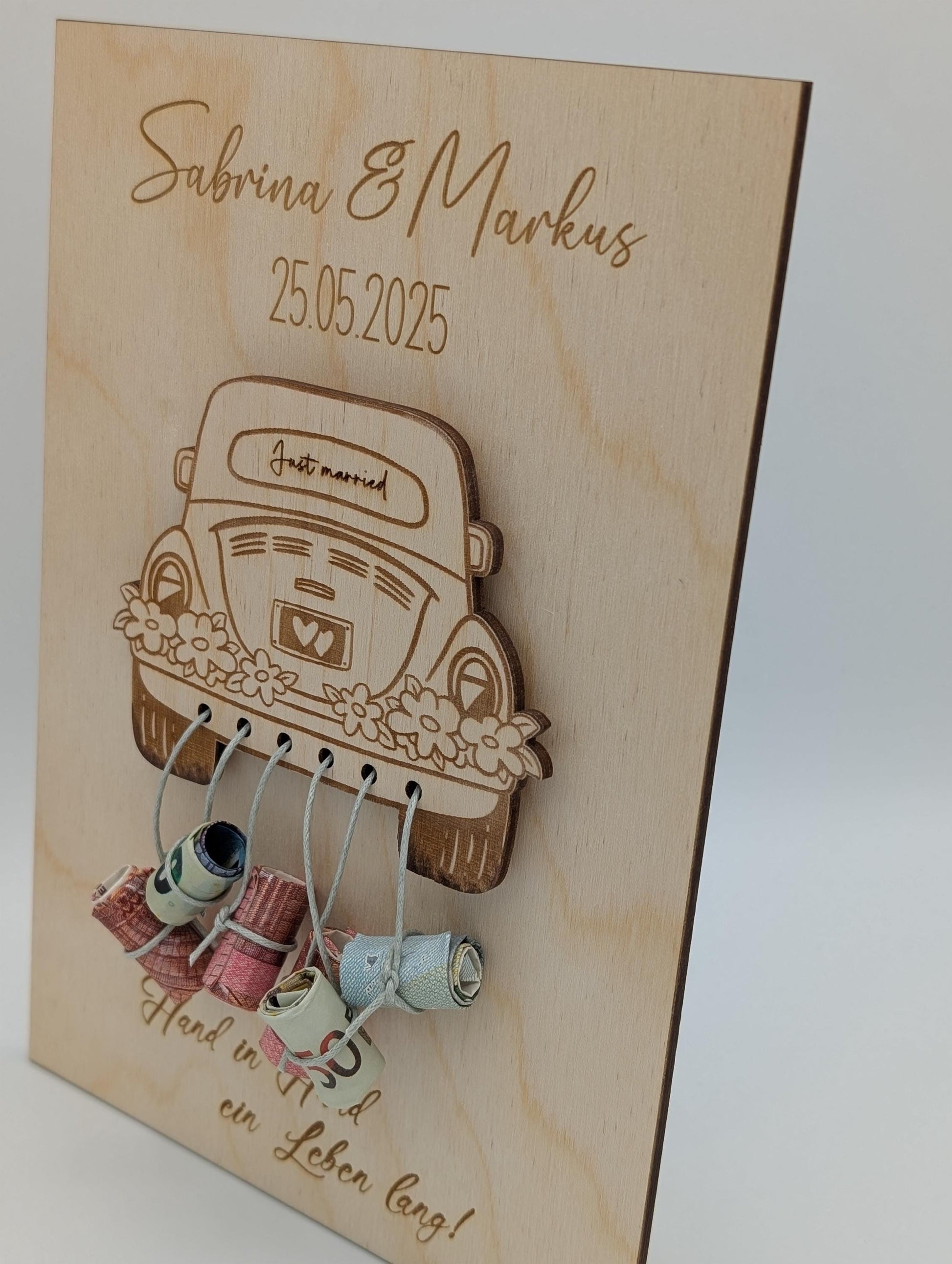 Hochzeitsgeschenk, Kreatives Geldgeschenk zur Hochzeit, Personalisiertes Holzschild mit Auto, Hochzeitsgeldgeschenk, Geld verschenken
