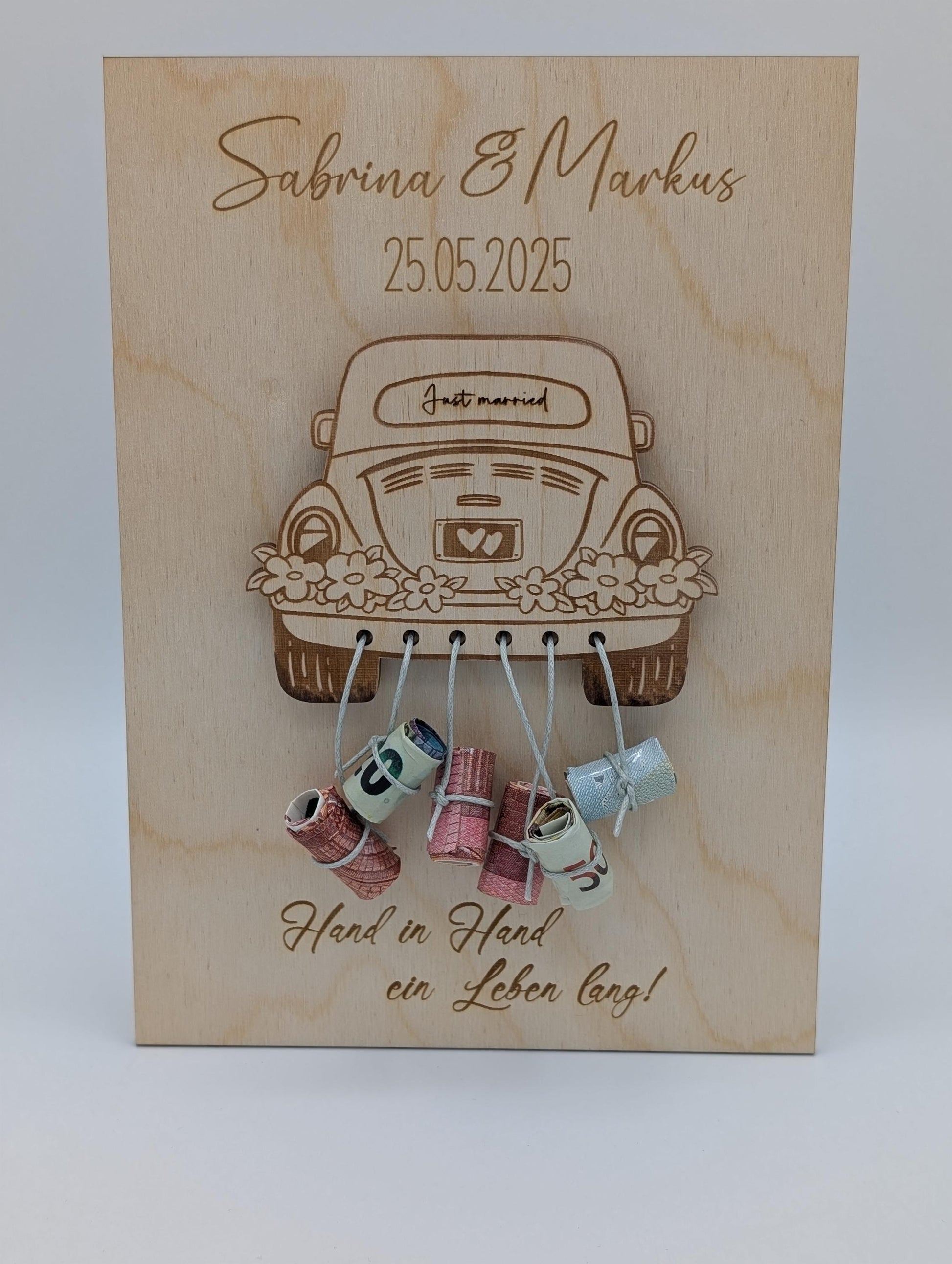 Hochzeitsgeschenk, Kreatives Geldgeschenk zur Hochzeit, Personalisiertes Holzschild mit Auto, Hochzeitsgeldgeschenk, Geld verschenken