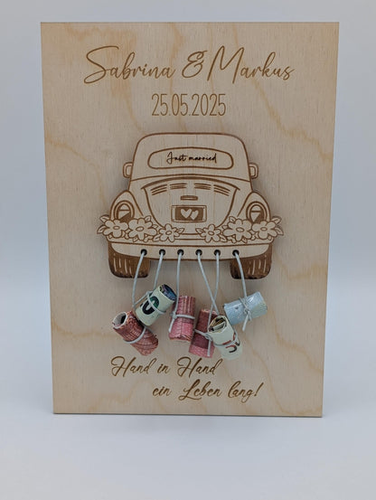 Hochzeitsgeschenk, Kreatives Geldgeschenk zur Hochzeit, Personalisiertes Holzschild mit Auto, Hochzeitsgeldgeschenk, Geld verschenken