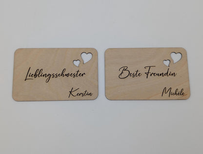 Liebes Visitenkarte aus 1mm starken Birkenholz, Größe 53x84mm mit Personalisierter Wunschgravur zum Valentinstag.