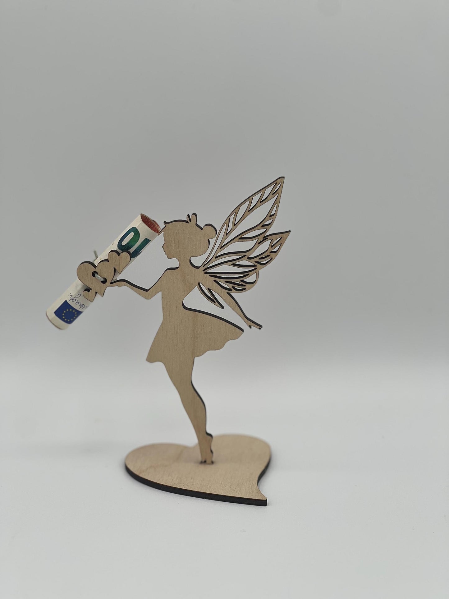 Kleines Geldgeschenk, Geschenkaufsteller Fee, mit Herz Sockel, zum Geburtstag