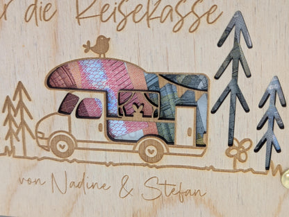 Geschenkkarte aus Holz, Camper, Wohnmobil, Wohnwagen als Geldgeschenk
