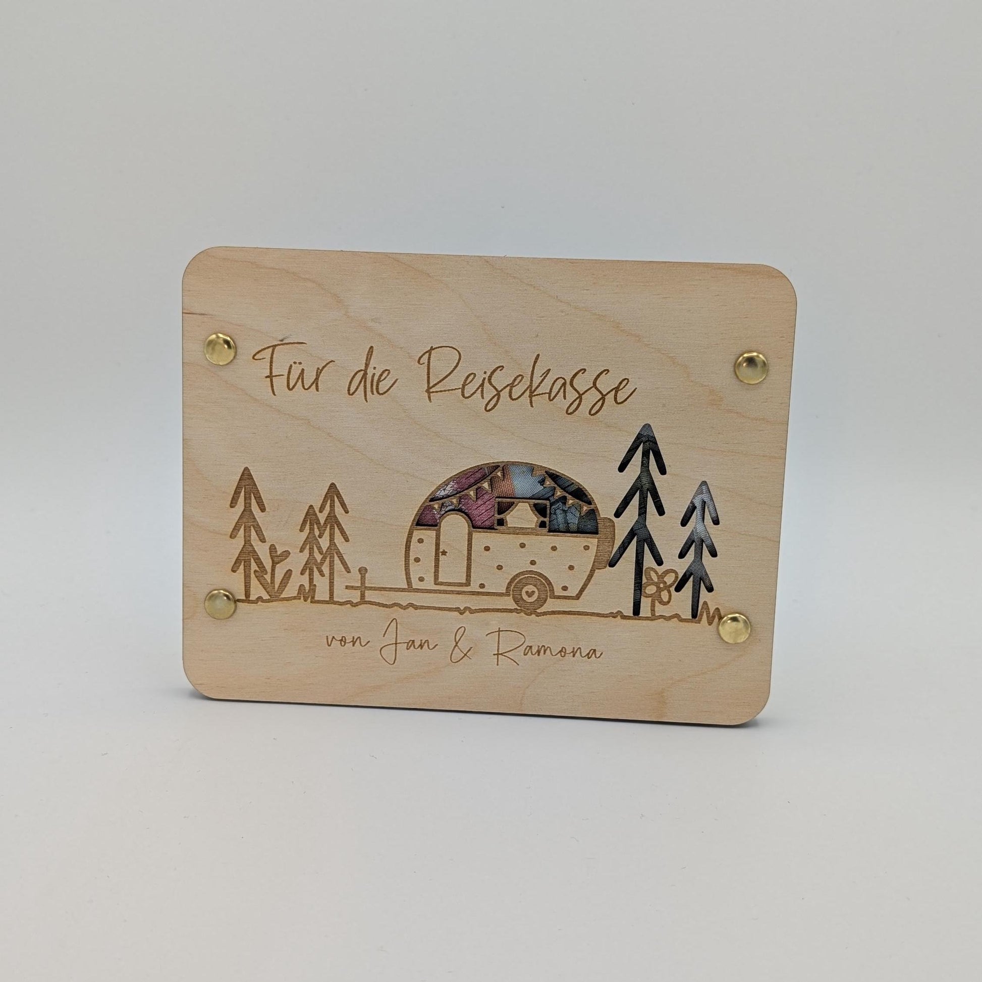 Geschenkkarte aus Holz, Camper, Wohnmobil, Wohnwagen als Geldgeschenk