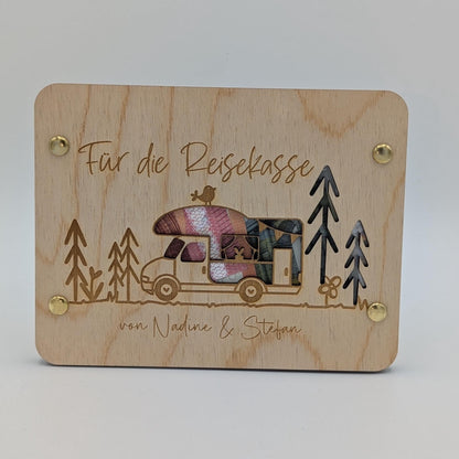 Geschenkkarte aus Holz, Camper, Wohnmobil, Wohnwagen als Geldgeschenk