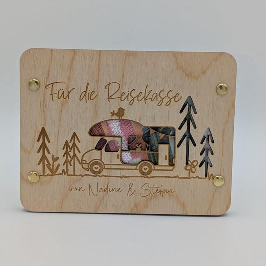 Geschenkkarte aus Holz, Camper, Wohnmobil, Wohnwagen als Geldgeschenk