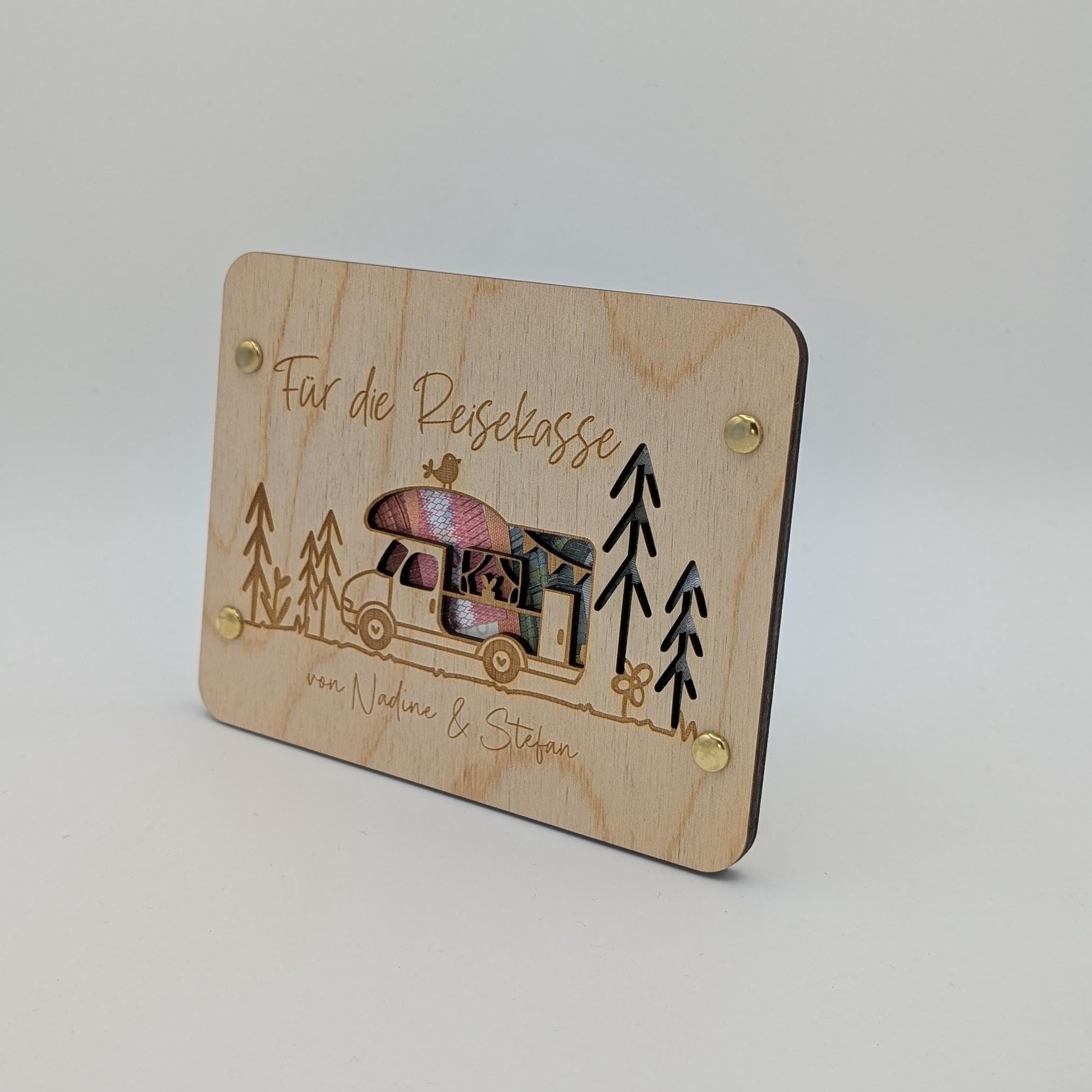Geschenkkarte aus Holz, Camper, Wohnmobil, Wohnwagen als Geldgeschenk