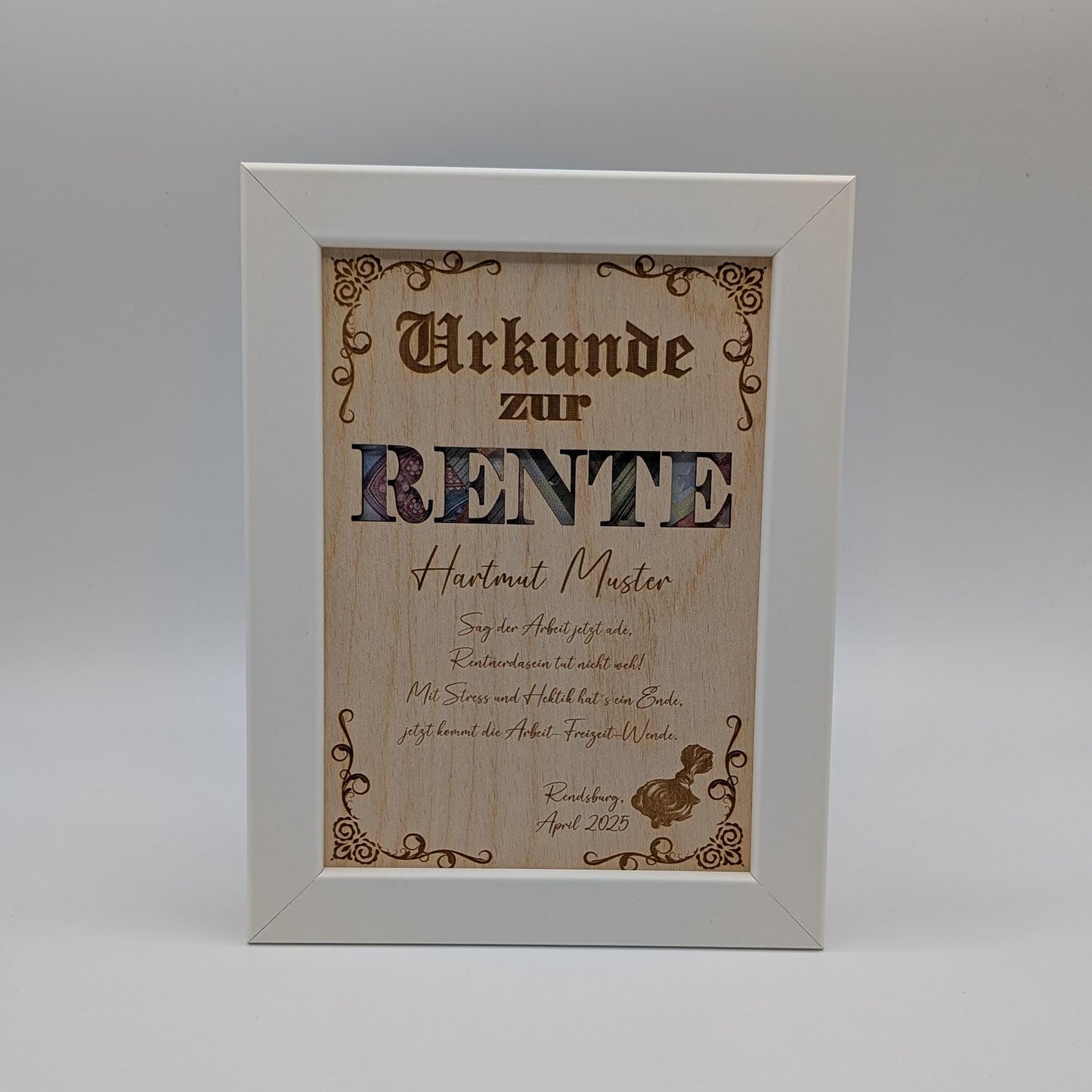 Geldgeschenk Bilderrahmen zur Rente, Geschenkidee