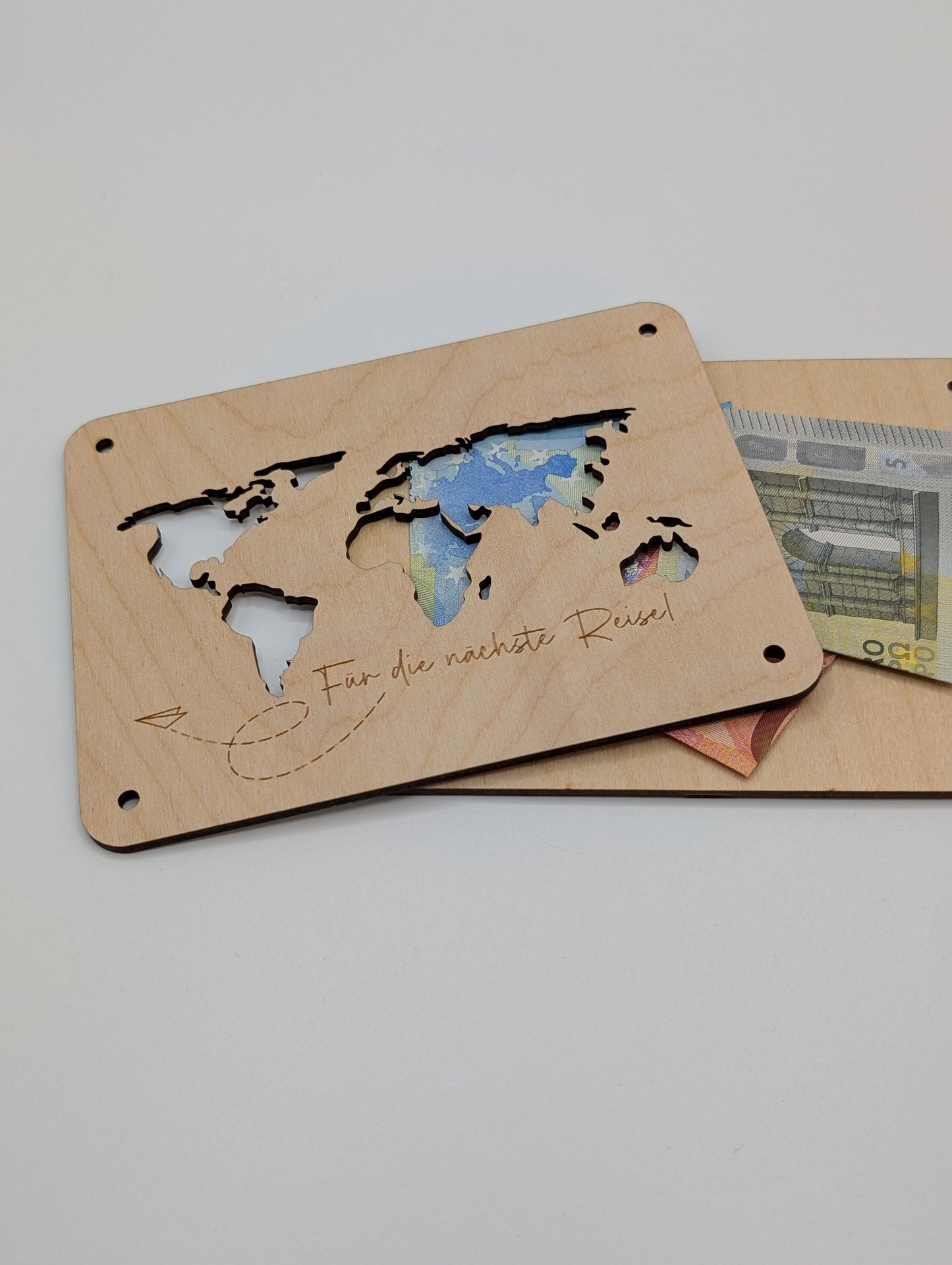 Geschenkkarte aus Holz,Weltreise  Geldgeschenk für die nächste reise, einfach das Geld zwischen beide Platten legen