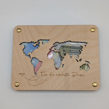 Geschenkkarte aus Holz,Weltreise  Geldgeschenk für die nächste reise