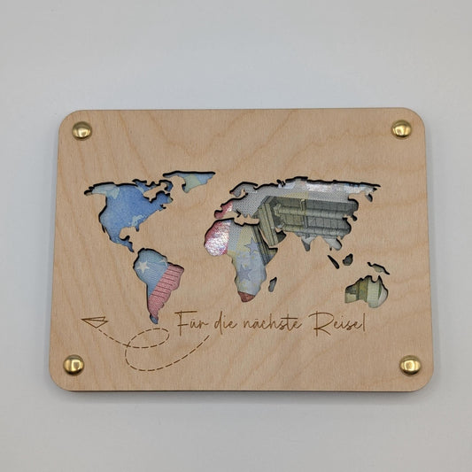 Geschenkkarte aus Holz,Weltreise  Geldgeschenk für die nächste reise