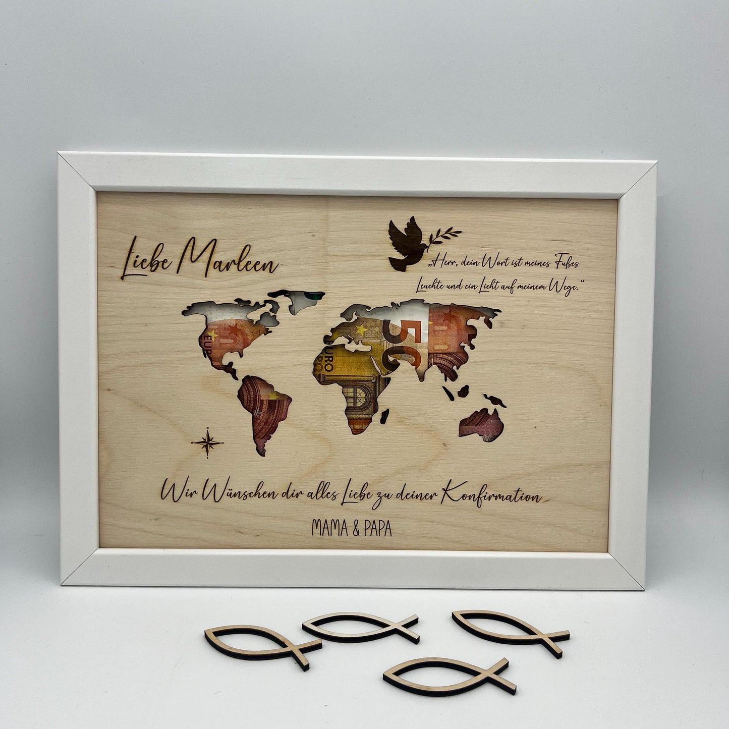 Geldgeschenk zur Konfirmation im Bilderrahmen, Kommunion, Taufe Firmung, Personalisiertes Geschenk, Weltkarte