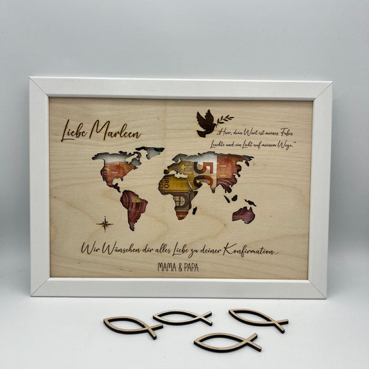 Geldgeschenk zur Konfirmation im Bilderrahmen, Kommunion, Taufe Firmung, Personalisiertes Geschenk, Weltkarte